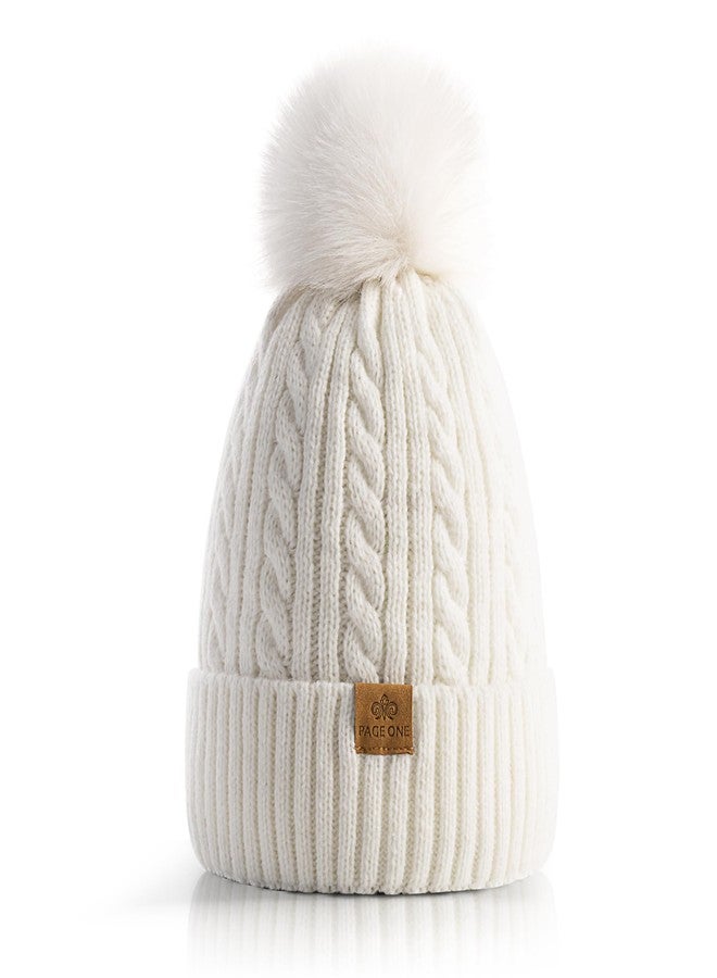 PAGE ONE Women Winter Pom Pom Beanie Hats Warm Fleece Lined,Chunky Trendy Cute Chenille Knit Twist Cap - Image 1